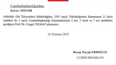 Abdullah Gül Üniversitesi (AGÜ) Rektörü Prof. Dr. Cengiz Yılmaz; yayımlanan