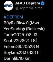 Afet ve Acil Durum Yönetimi Başkanlığı (AFAD), Balıkesir’de 4 büyüklüğünde