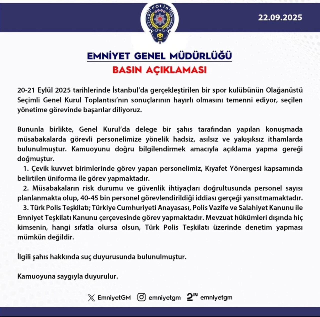 Emniyet Genel Müdürlüğü (EGM) Fenerbahçe’nin Olağanüstü Seçimli Genel Kurulu Toplantısı’nda