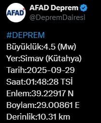Afet ve Acil Durum Yönetimi Başkanlığı (AFAD), Kütahya Simav'da 4.5