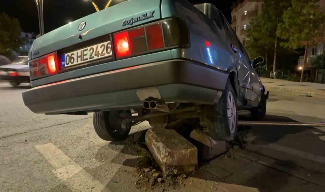 Aksaray’da kontrolden çıkan otomobil refüje çıkarak durabilirken, bir iş yerinin