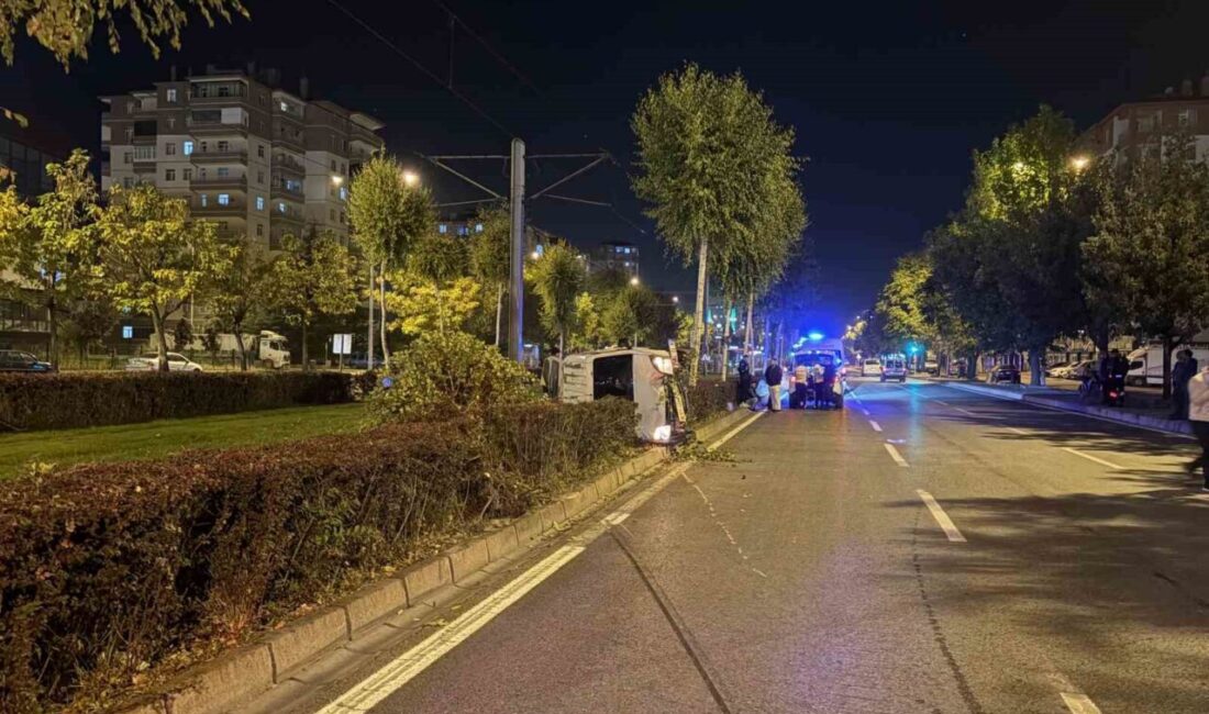 Kayseri’nin Melikgazi ilçesinde ağacı devirdikten sonra yan yatan hafif ticari